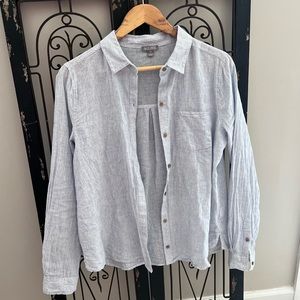 Faint blue and white cotton button up shirt. Perfect with white jeans